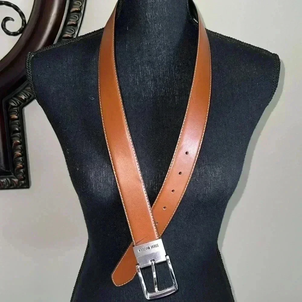 Steve Madden Men’s Dress Black Tan Reversible Belt Silver Tone Buckle NWOT